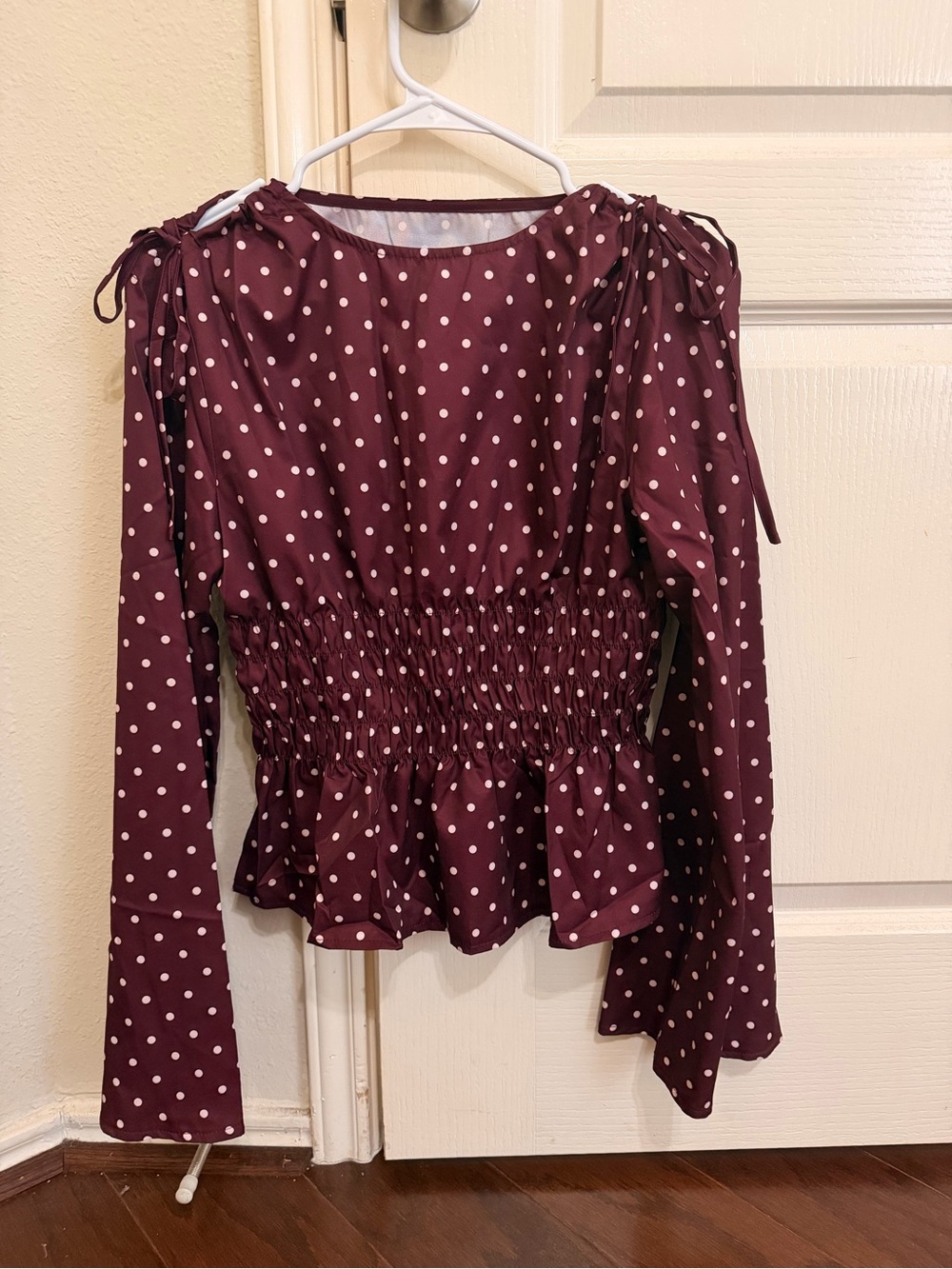 Women’s Burgundy Polka Dot Long-Sleeve Peplum Top